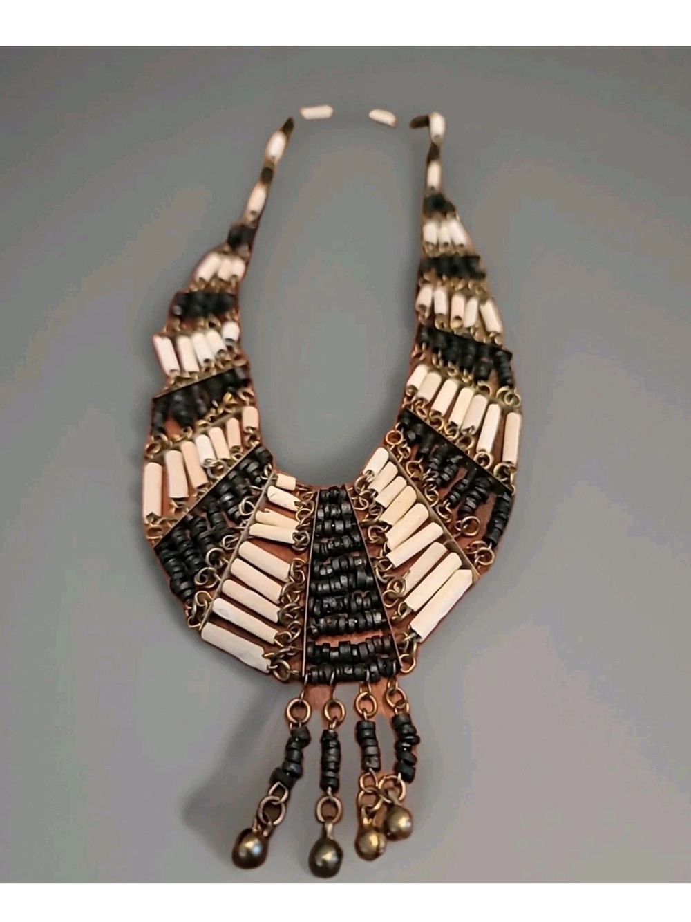 Statement Black and Gold Beaded Bib Necklace-Tribal Natural Stone And Bone